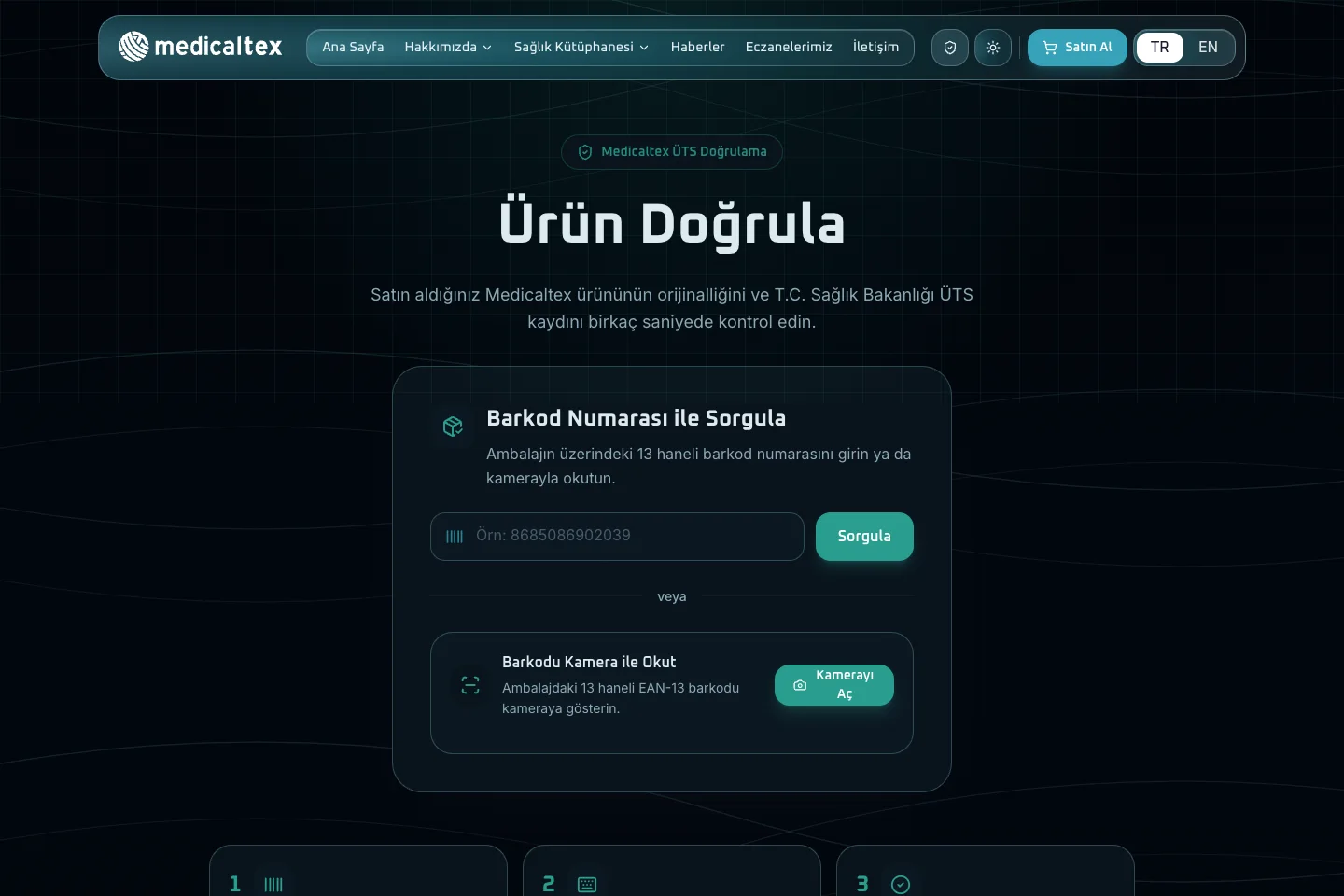 Medicaltex ürünleri için ÜTS ve barkod doğrulama ekranı